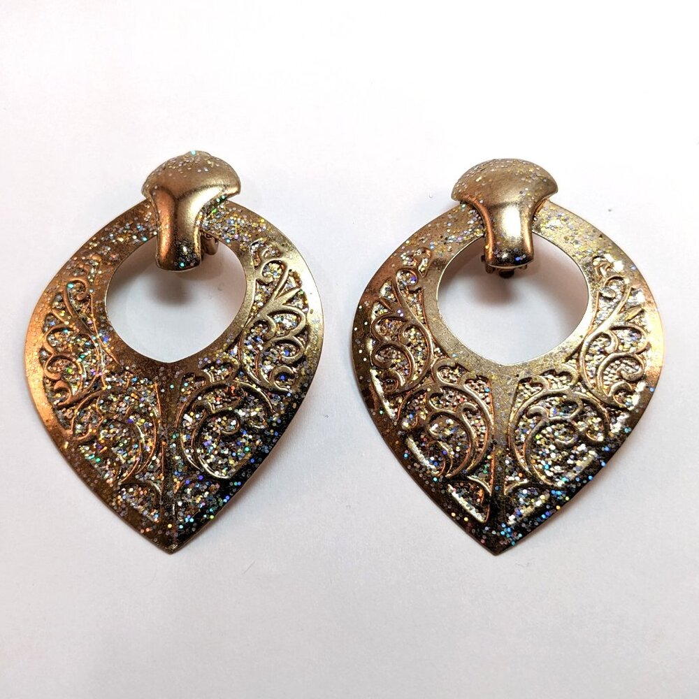 Vintage 90s Big Embossed Hoop Earrings Gold Rainbow Glitter Bohemian Festival